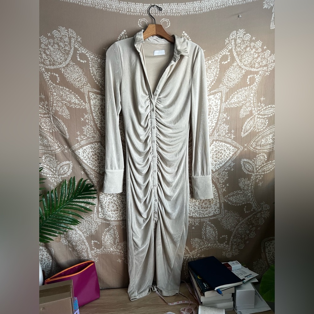 Isalis Feminine Chic Long Sleeve Ruched Midi Fitted Shirtdress